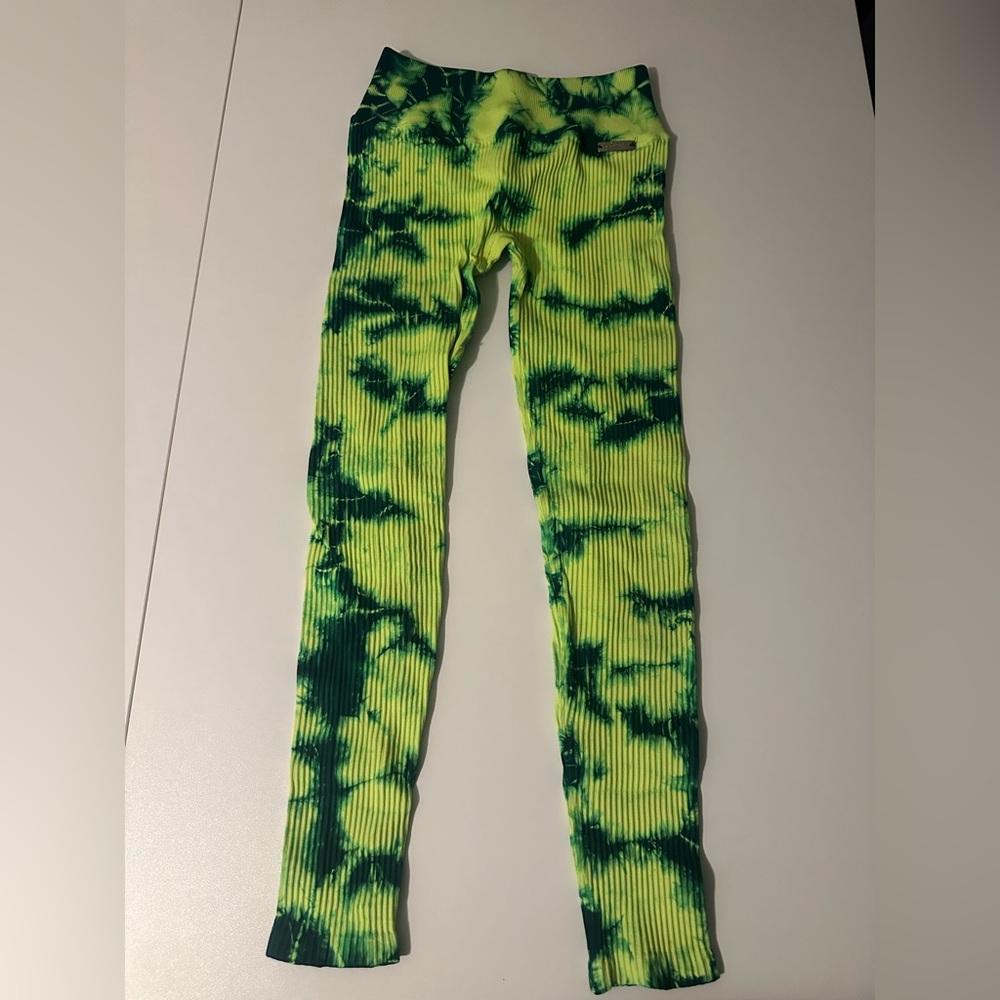 Bombshell sportswear ribbed seamless neon green tie dye leggings
